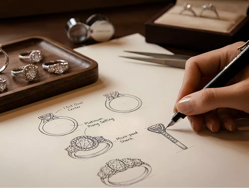 A HATO designer sketching ring concepts by hand
