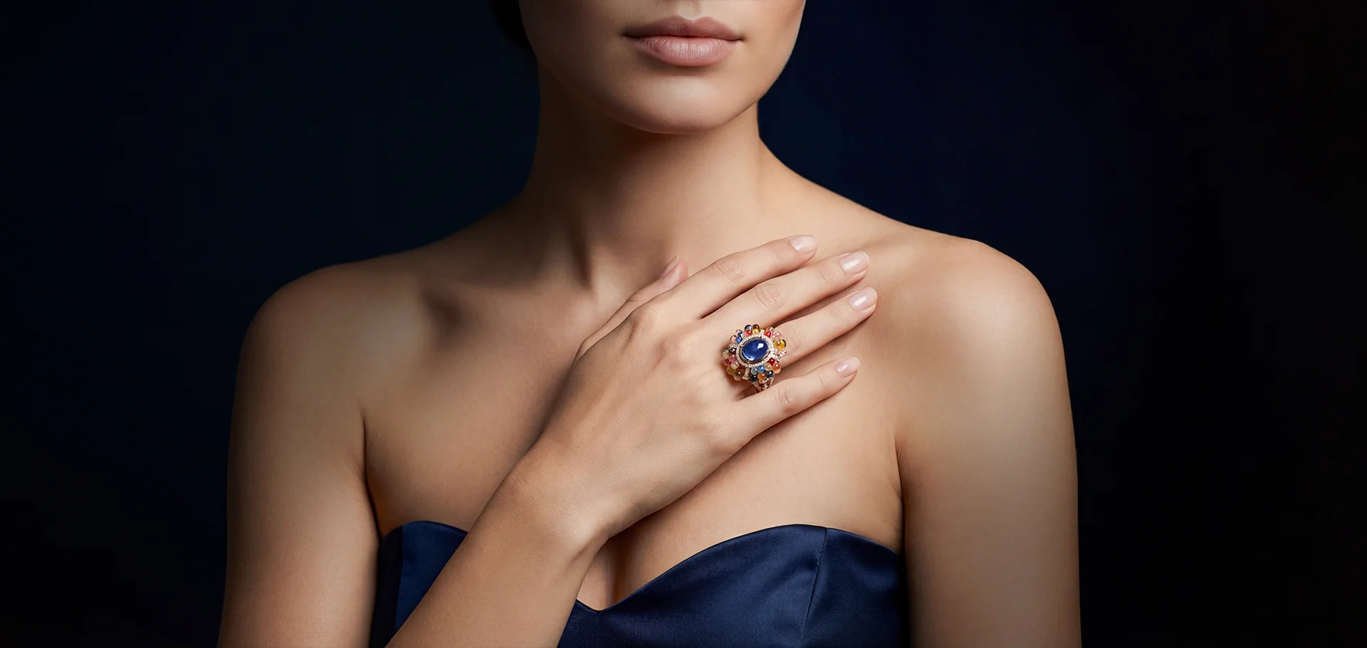 A sapphire high-jewellery cocktail ring against deep navy silk