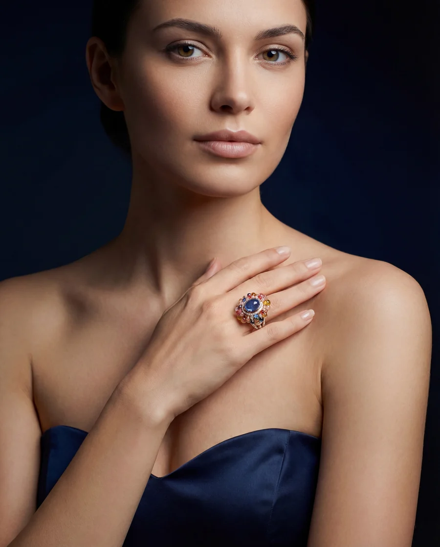 High Jewellery sapphire ring worn with a navy gown